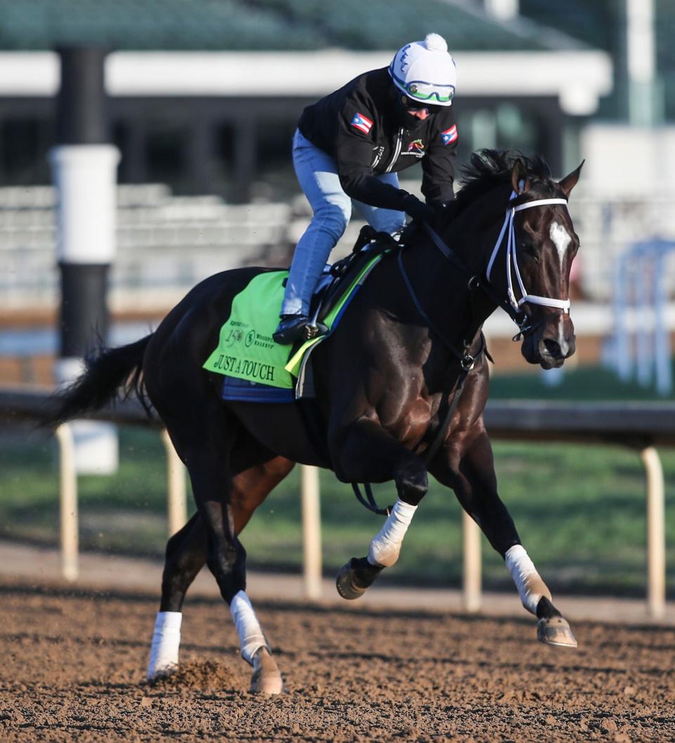 Kentucky Derby horse Just A Touch works out on April 25, 2024 at Churchill Downs in Louisville, Ky.
