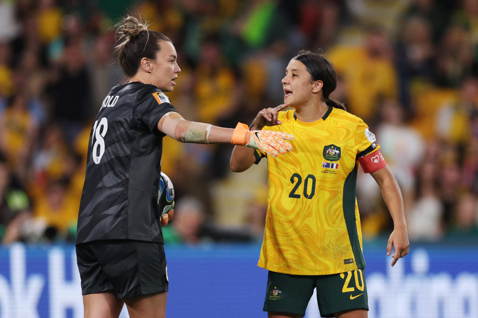 BRISBANE, AUSTRALIA - AUGUST 12: Mackenzie Arnold and Sam Kerr of Australia talk after the France goal is disallowed during the FIFA Women's World Cup Australia & New Zealand 2023 Quarter Final match between Australia and France at Brisbane Stadium on August 12, 2023 in Brisbane / Meaanjin, Australia. (Photo by Elsa - FIFA/FIFA via Getty Images)
