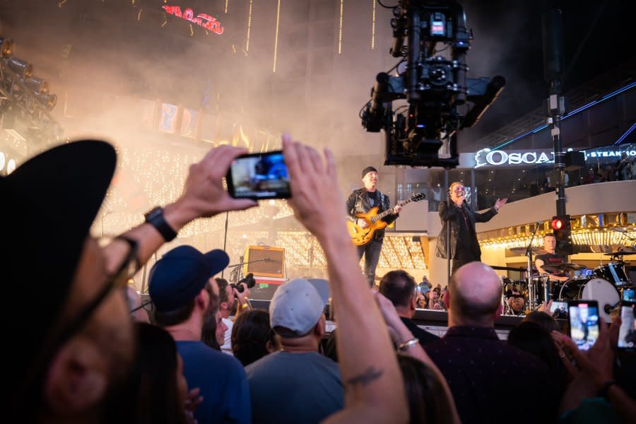 U2 shoots music video on Fremont Street in Las Vegas on Sept. 17, 2023. (Credit: @CityOfLasVegas)