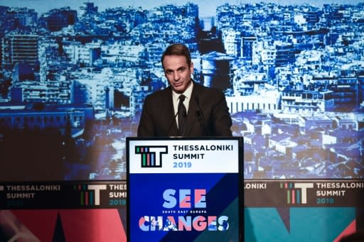 Greek Prime Minister Kyriakos Mitsotakis, who has pledged a tougher approach on migration, delivers a speeech to business leaders in Thessaloniki