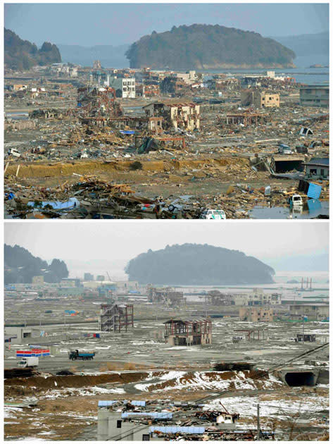 The tsunami-devastated Minamisanriku town in Miyagi prefecture is seen in these images taken March 13, 2011 (top) and March 3, 2012, in this combination photo released by Kyodo on March 7, 2012, ahead of one-year anniversary of last March 11 earthquake and tsunami. Mandatory Credit REUTERS/Kyodo