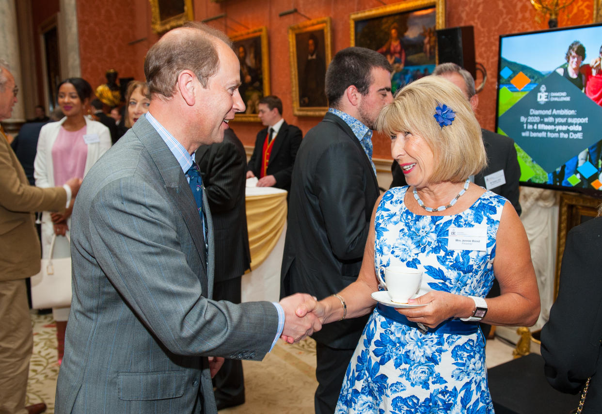 LONDON, UNITED KINGDOM - MAY 16: Prince Edward, Earl of Wessex meets journalist and television presenter Jennie Bond at a reception ahead of during the Duke of Edinburgh Award's 60th Anniversary Garden Party at Buckingham Palace on May 16, 2016 in London, United Kingdom. (Photo by Dominic Lipinski - WPA Photo/Getty Images)
