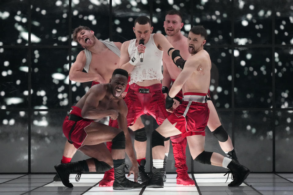 Olly Alexander of United Kingdom performs the song Dizzy during the dress rehearsal for the final at the Eurovision Song Contest in Malmo, Sweden, Friday, May 10, 2024. (AP Photo/Martin Meissner)