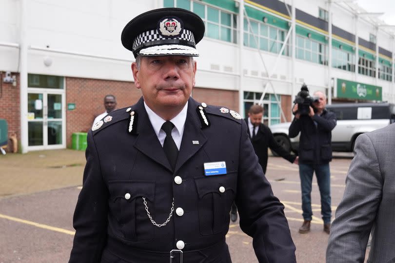 Suspended chief constable Nick Adderley leaves Northampton Saints Stadium following the first day of his misconduct hearing