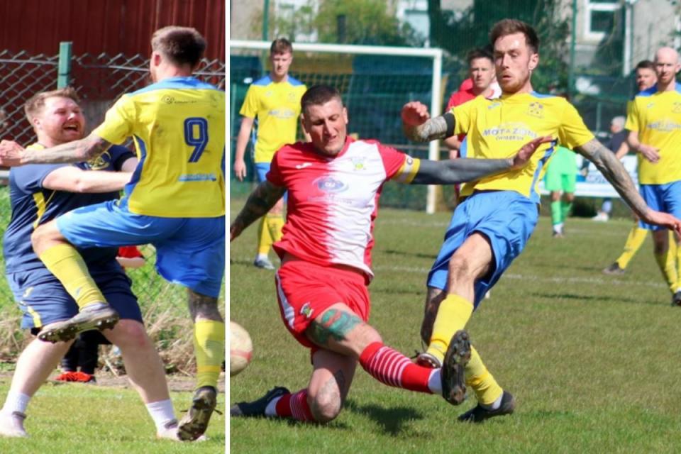 DELIGHT: Alex Bonthron celebrates with James Kinsella after striking twice for Cwmbran Celtic <i>(Image: Steve Roberts)</i>