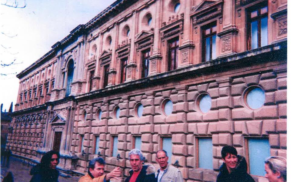 Ghislaine Maxwell (second right), Jeffery Epstein (third left), Jean-Luc Brunel (second left