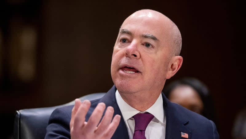 Homeland Security Secretary Alejandro Mayorkas testifies during a hearing of the Senate Appropriations Committee on Capitol Hill, Nov. 8, 2023, in Washington. House impeachment managers delivered the articles of impeachment for Mayorkas to the Senate on Tuesday afternoon.