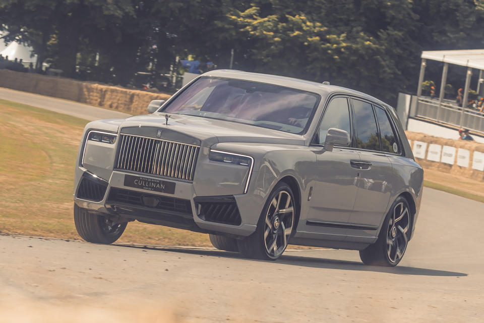 <p>A very undramatic mid-life facelift for the Cullinan, but nevertheless Rolls-Royce sent it flying up the hill, showing off its massive 23in wheels as it did so.</p><p><strong>Everything we know about the <a href="https://www.autocar.co.uk/car-news/new-cars/rolls-royce-cullinan-revamp-brings-fresh-look-and-new-options" rel="nofollow noopener" target="_blank" data-ylk="slk:Rolls-Royce Cullinan;elm:context_link;itc:0;sec:content-canvas" class="link ">Rolls-Royce Cullinan</a> </strong></p>