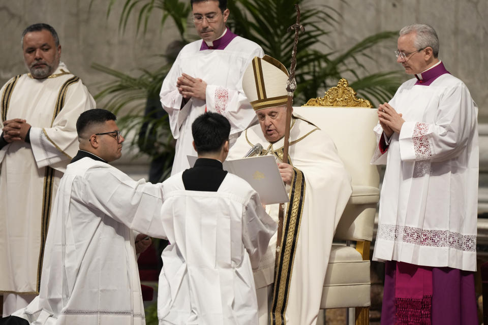 Pope Francis celebrates the Chrism Mass where the chrism, the oil of the catechumens and the oil of the sick are consecrated, and all the priests renew the promises made on the day of their ordination, inside St. Peter's Basilica, at the Vatican, Thursday, April 6, 2023. (AP Photo/Andrew Medichini)