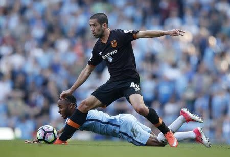 Britain Football Soccer - Manchester City v Hull City - Premier League - Etihad Stadium - 8/4/17 Hull City's Evandro Goebel in action with Manchester City's Raheem Sterling Reuters / Andrew Yates Livepic