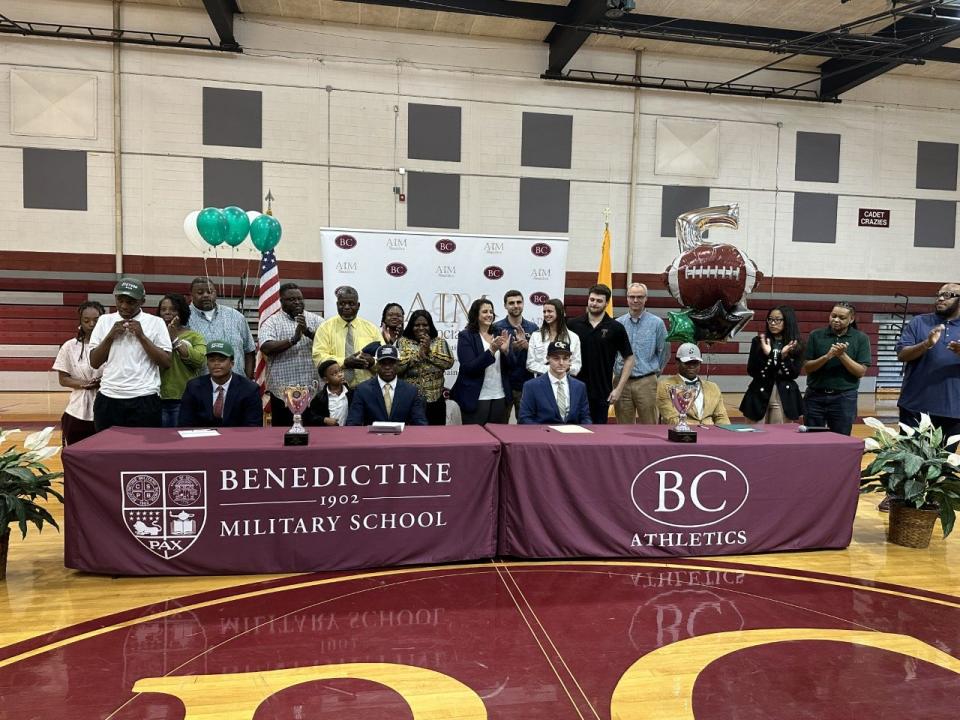 From left-right: Benedictine's Cole Semien, Keiran Glover, Joseph Stoever and Aljiah Alexander at their signing ceremony Wednesday.