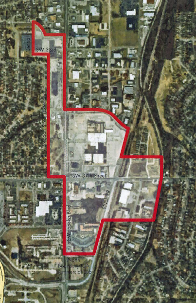 This map shows the area where Topeka's mayor and city council is discussing establishing a tax-increment financing district to encourage economic development