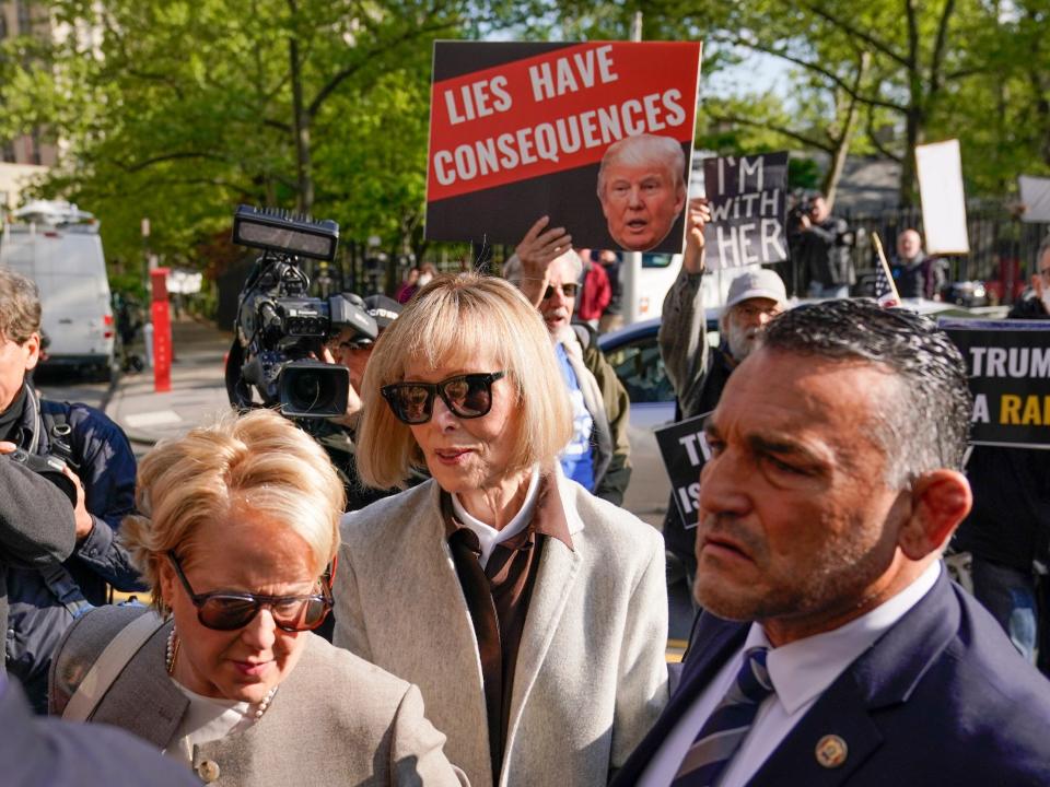 E. Jean Carroll arrives at federal court in Manhattan for the first day of her rape-deposition civil trial against Donald Trump.