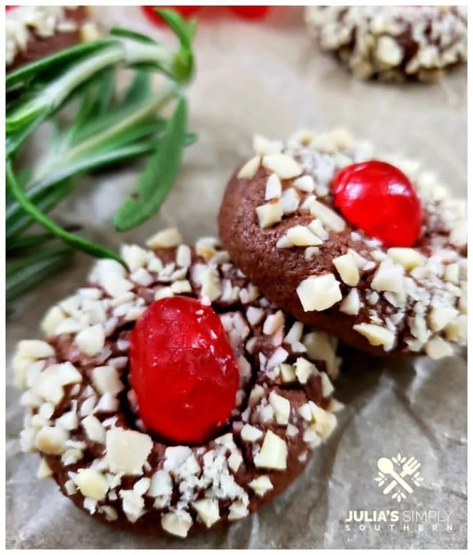 <p>Julia's Simply Southern</p><p>A dainty shortbread cookie that is easy to make but still impressive on a plate.</p><p><strong>Get the recipe: <a href="https://juliassimplysouthern.com/2019/12/chocolate-cherry-almond-christmas-cookies.html" rel="nofollow noopener" target="_blank" data-ylk="slk:Chocolate Cherry Almond Christmas Cookies;elm:context_link;itc:0;sec:content-canvas" class="link ">Chocolate Cherry Almond Christmas Cookies</a></strong></p>