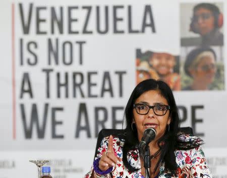 Venezuelan Foreign Minister Delcy Rodriguez speaks to the media during a news conference in Caracas March 25, 2015. REUTERS/Carlos Garcia Rawlins