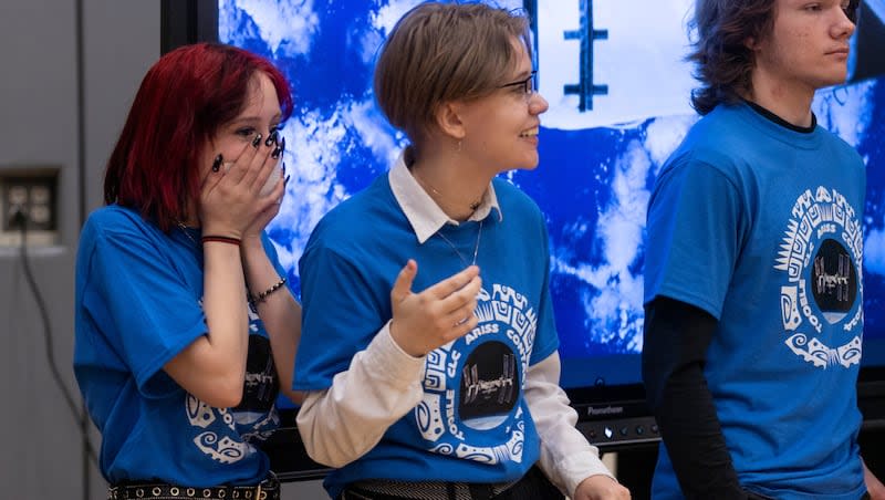 Aaliyah Rigby and Abbey Anderson react when contact is made with astronaut Mike Barratt over a radio at Blue Peak High School in Tooele on Monday, April 8, 2024. ”This is something I get to brag about to my kids in the future!” said Anderson. “I’m just so excited I got to do something so cool with my life today,” said Rigby.