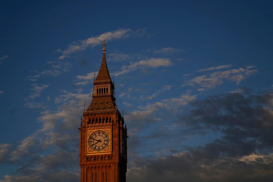 The Queen Elizabeth Tower at sunset in London, Aug. 24, 2022.