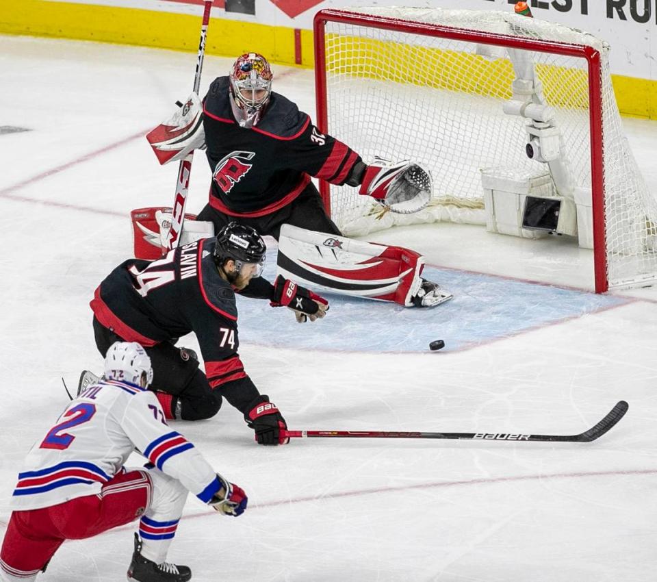 The New York Rangers’ Filip Chytil (72) finds an open net and scores on Carolina Hurricanes goalie Antii Raanta (32 ) in the first period on Wednesday, May 18, 2022 during game one of the Stanley Cup second round at PNC Arena in Raleigh, N.C.