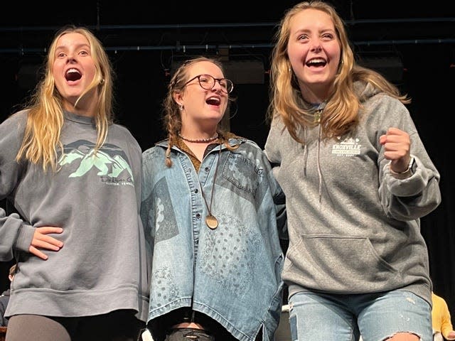 Mary Claire Carter as Doralee, Meghan Tucker as Violet, and Hannah Liske as Judy sing the title song during the closing act at a rehearsal of “9 to 5” held at Farragut High School Tuesday, Nov. 23, 2021.