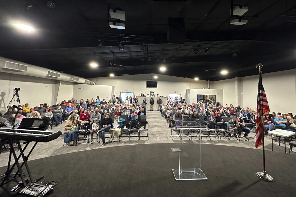 Missouri voters gather Saturday, March 2, 2024, at the Family Worship Center of Columbia, Mo., to caucus for the Republican presidential nominee. (AP Photo/Summer Ballentine)