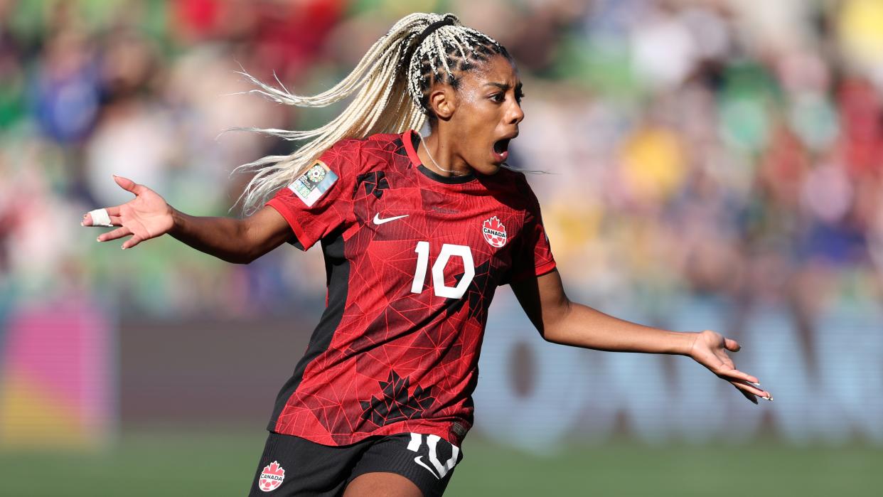  Ashley Lawrence of Canada reacts after fouling the opposition during Canada's opening FIFA Women's World Cup match. 