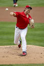 Minnesota Twins' Randy Dobnak throws to the Detroit Tigers in the first inning of the first game of a baseball doubleheader Friday, Sept. 4, 2020, in Minneapolis. (AP Photo/Bruce Kluckhohn)