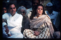 066362 03: (NO NEWSWEEK - NO USNEWS) Indian Prime Minister Rajiv Gandhi and his wife Sonia attend the memorial service for Indira Gandhi October 31, 1989 in India. Indira Gandhi was assassinated by two Sikh bodyguards in 1984 in retaliation for her crackdown on Sikhs. (Photo by Robert Nickelsberg/Liaison)