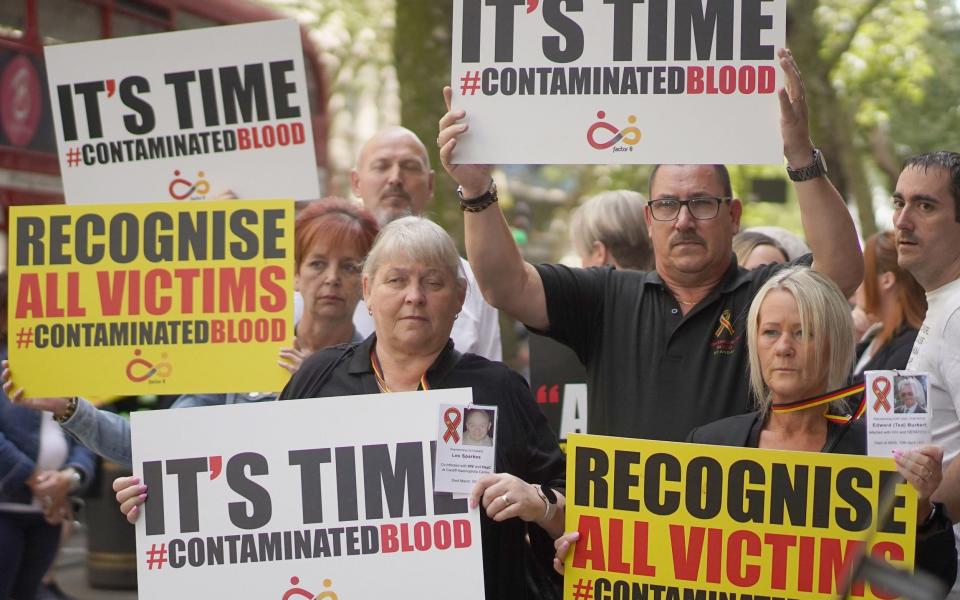 campaigners, including many who are personally infected and affected by infected blood, gather in Westminster, London, calling for compensation for victims to be authorised by Prime Minister Rishi Sunak