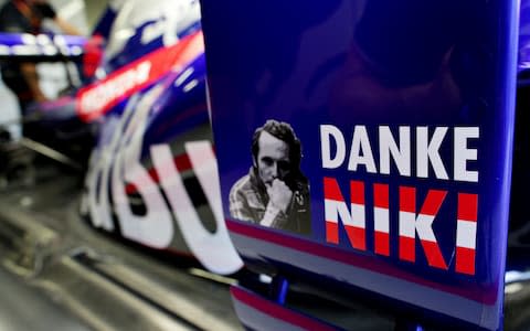 A tribute to the late Niki Lauda is seen on the Scuderia Toro Rosso STR14 during previews for the F1 Grand Prix of Monaco at Circuit de Monaco on May 22, 2019 in Monte-Carlo, Monaco - Credit: Peter Fox/Getty Image