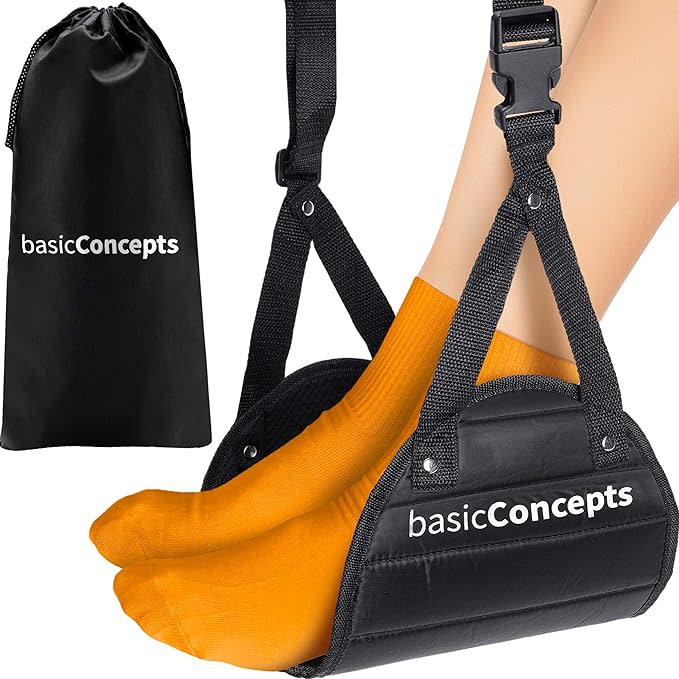 A person wearing orange socks put their feet in a Basic Concepts foot hammock