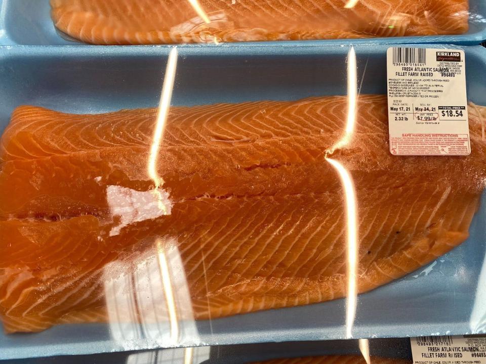 plastic-wrapped package of salmon at costco