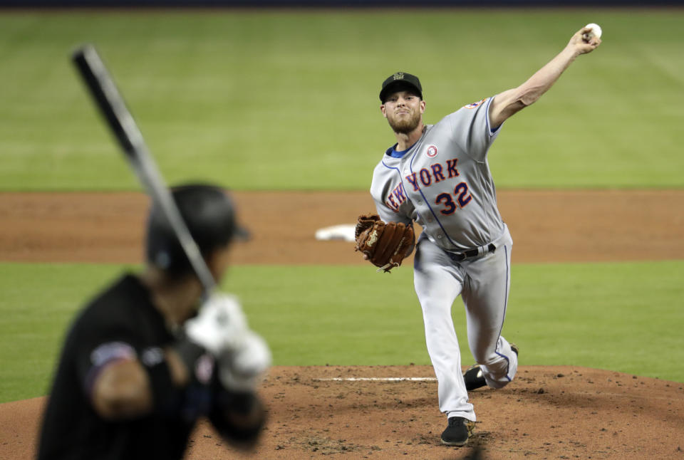 New York Mets starting pitcher Steven Matz (32) throws to Miami Marlins' Brian Anderson in the first inning during a baseball game, Saturday, May 18, 2019, in Miami. (AP Photo/Lynne Sladky)