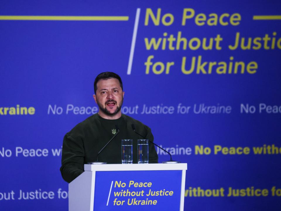 Ukraine’s President Volodymyr Zelenskyy delivers a speech in the Hague (Yves Herman via AP)