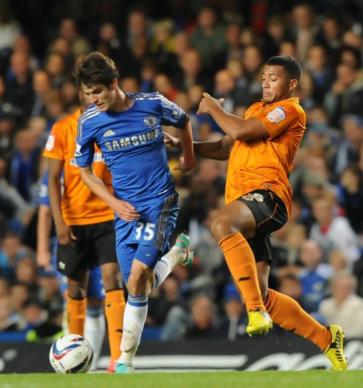 Lucas Piazon (L) in action for Chelsea against Wolves in the third round of the League Cup on September 25, 2012. The reserve midfielder started in both previous rounds but may have talked himself out of the Leeds game by questioning his team-mates' desire on Sunday