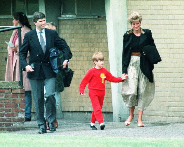 The Princess of Wales walks with Prince Harry during the Wetherby School sports day in 1991. (Photo: Rebecca Naden - PA Images via Getty Images)