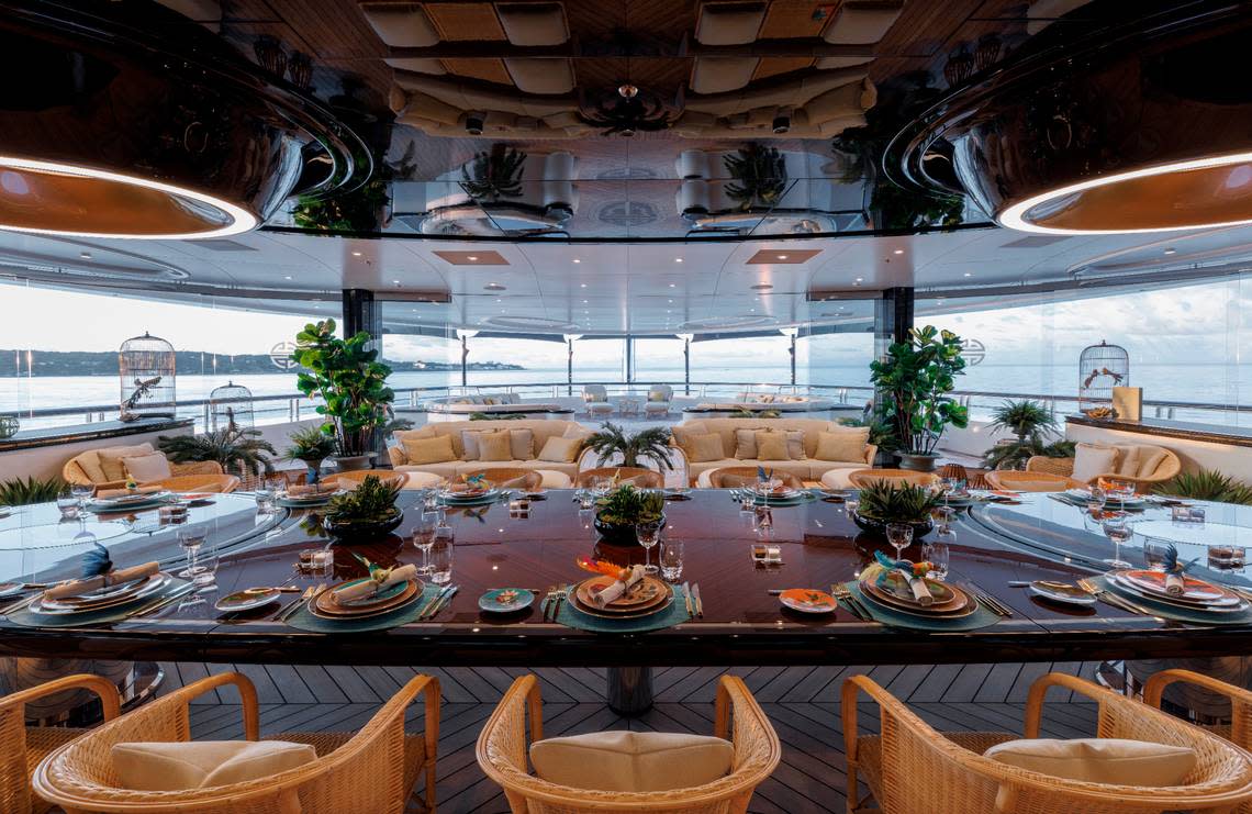 This is a dining area inside the Ahpo superyacht.