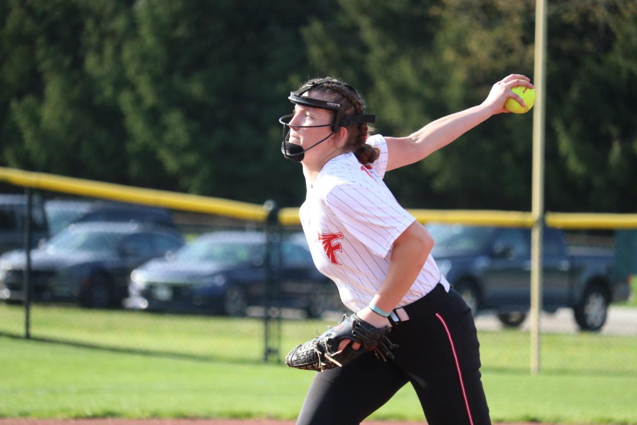 Field ace Maddie Burge fires a pitch at Twinsburg Thursday.