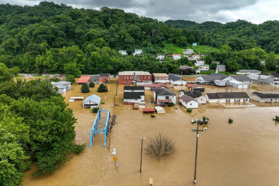 Buildings and roads are flooded in Garrett, Ky., on Thursday, July 28, 2022.