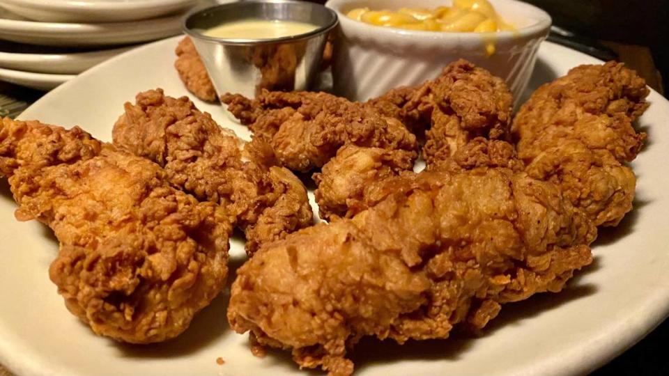 Malone’s fried chicken tenders ($22.99) with a side of macaroni and cheese.