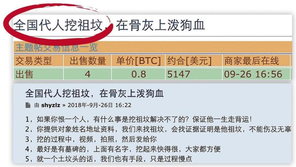 在暗網中文交易網裡，有賣家提供代客挖祖墳、強姦、殺人、坐牢、扎愛滋針、舉報官員等服務。（翻攝網路）