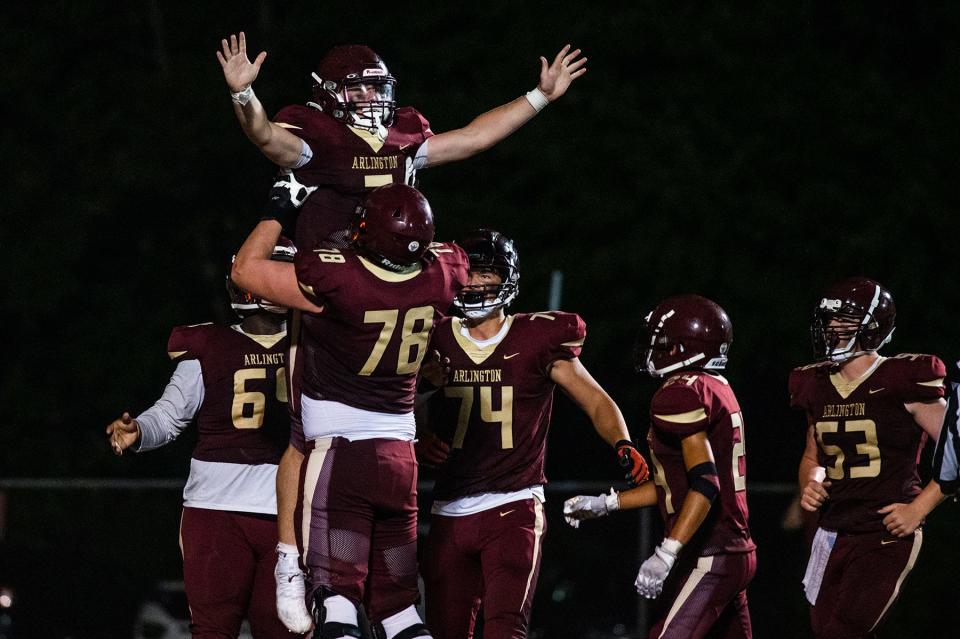 Arlington celebrates a touchdown during the Section 1 football game at Arlington High School in Lagrangeville on Monday, September 12, 2022. Arlington defeated Suffern 38-0.