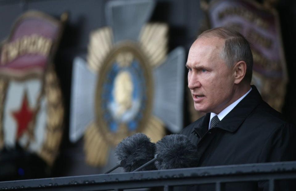 Russian President Vladimir Putin speaks during the military parade at the 76th Guards Air Assault Division in Pskov, Russia, March,1,2020.