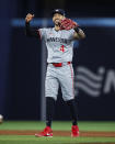 Minnesota Twins shortstop Carlos Correa celebrates the team's win against the Toronto Blue Jays in a baseball game Friday, May 10, 2024, in Toronto. (Cole Burtson/The Canadian Press via AP)