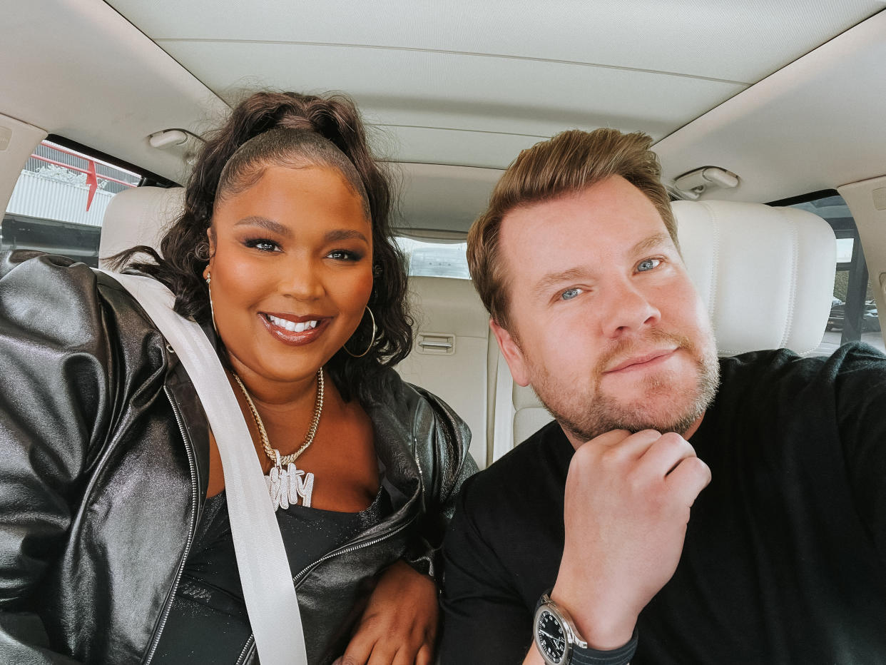 LOS ANGELES - JUNE 16: Carpool Karaoke with Lizzo on The Late Late Show with James Corden. Photo is a screen grab. (Photo by CBS via Getty Images)