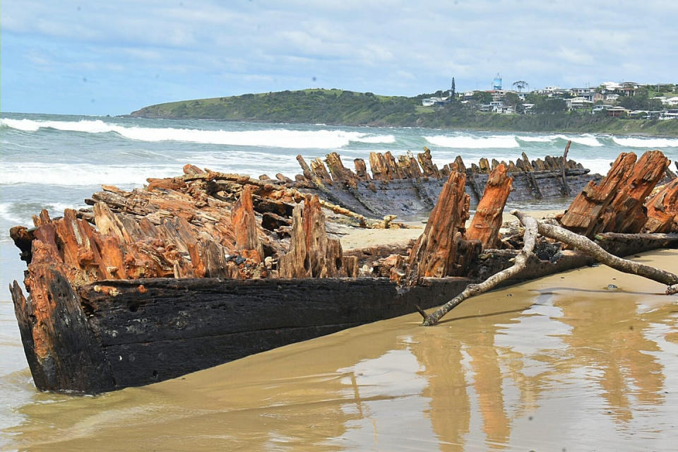 The Buster shipwreck seen at Woolgoolga Beach.