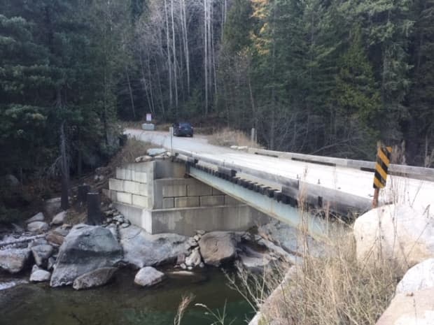 The only bridge providing access to Pass Creek’s Mountain Ridge Road is unsafe for heavy fire trucks, according to the Regional District of Central Kootenay. (Submitted by Vanessa Terwoort - image credit)