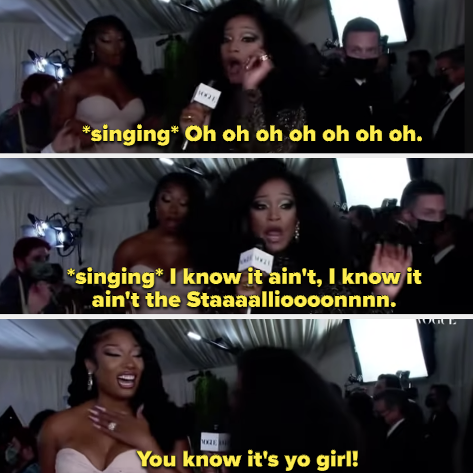 Keke Palmer greeting Megan Thee Stallion on a red carpet by singing "i know it ain't, i know it ain't the stallion"