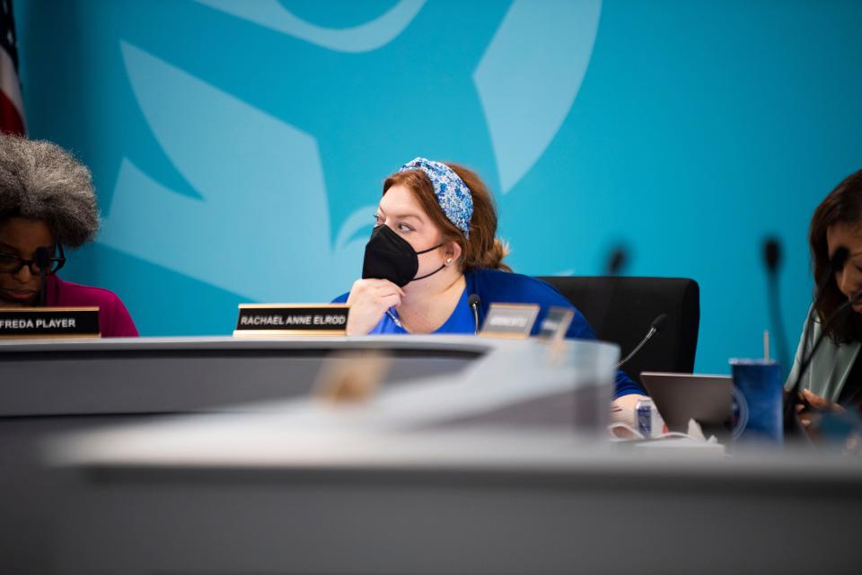 Metro Nashville Public Schools Board of Education Chair Rachael Anne Elrod listens to during a school board meeting on July 25, 2023.