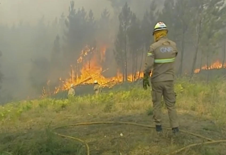 In this grab taken from video on Saturday, July 20, 2019 provided by TVI, members of the emergency services try to extinguish the fire, in Vila de Rei, Portugal. Portuguese authorities say 1,000 firefighters are working to contain wildfires that have injured eight firefighters and one civilian. Portugal’s Civil Protection Agency says Sunday that firefighters are combating flames that broke out Saturday across three fronts in the district of Castelo Branco, 200 kilometers (124 miles) northeast of Lisbon, the capital. This is the first major wildfire in Portugal this year. (TVI via AP)