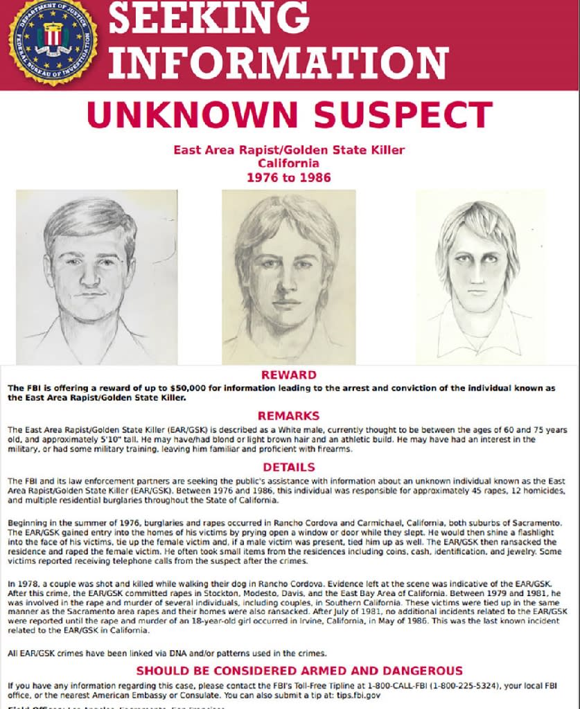 El FBI ofreció en 2016 una recompensa de 50,000 dólares por información que condujera al arresto del 'Golden State Killer'. (AFP)